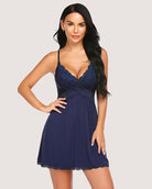 Navy blue lace-trim modal V-neck slip dress with thin straps and short flared skirt