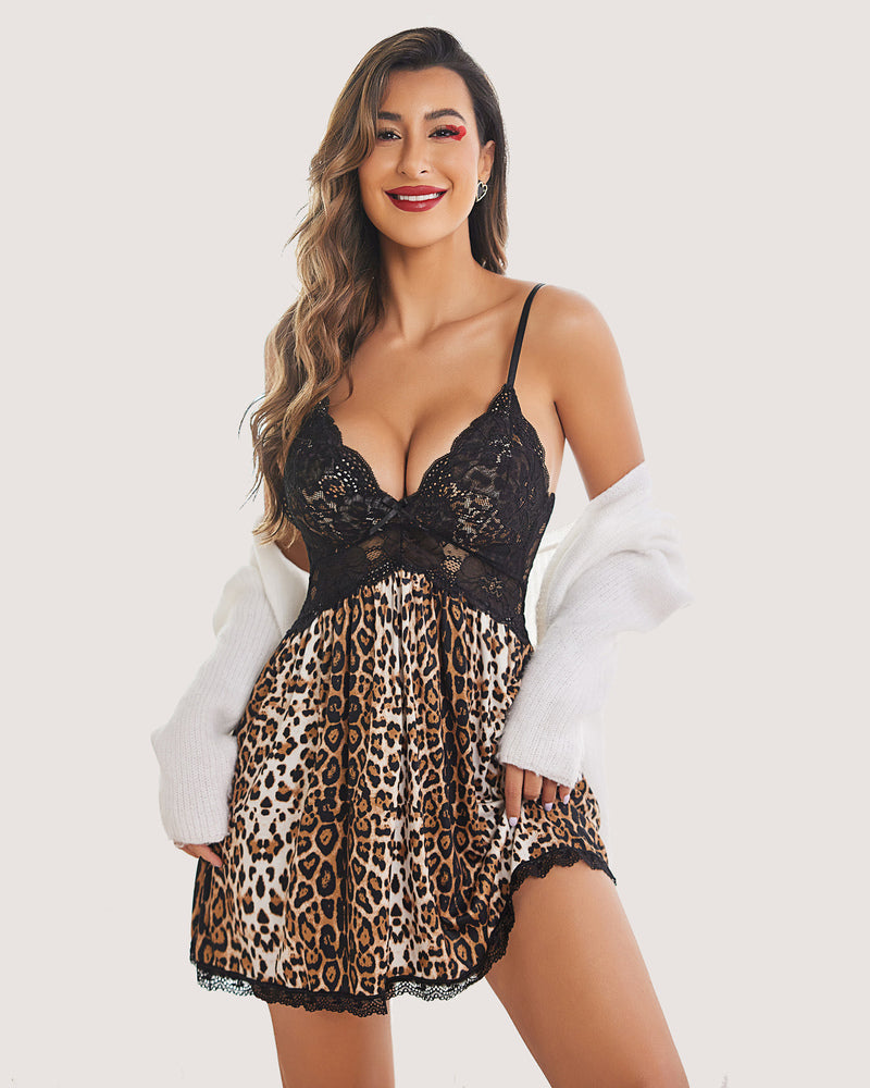 Leopard print lace-trim sleep dress with black lace bodice and ruffled hem