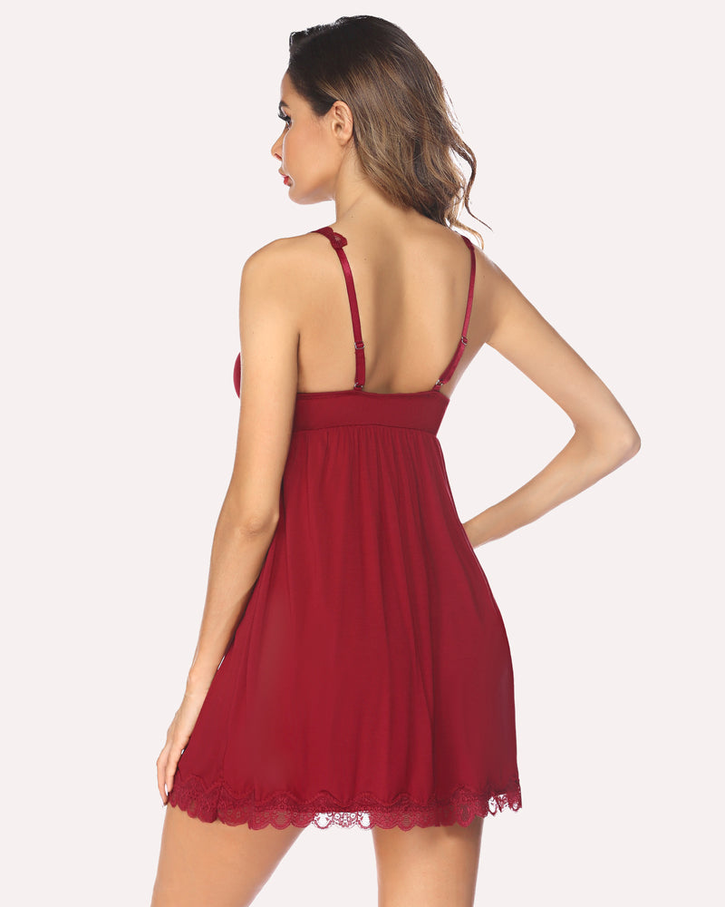 Wine red lace chemise full slip dress with spaghetti straps and scalloped hem