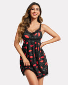 Black lip-print lace nightgown slip dress with lace bust and scalloped hem