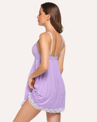 Lilac lace chemise full slip dress, back view with thin adjustable spaghetti straps
