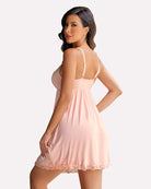 Light pink lace nightgown with spaghetti straps and scalloped lace hem