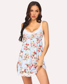 Lace full slip dress nightgown in light blue with red and pink floral print and lace trim
