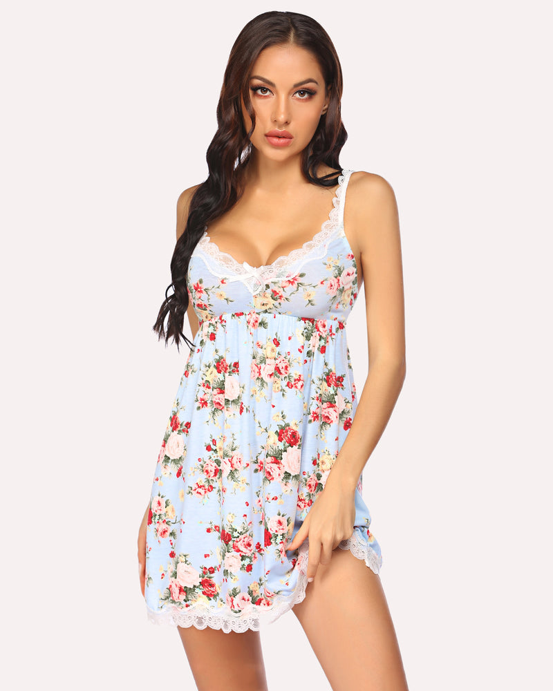 Lace full slip dress nightgown in light blue with red and pink floral print and lace trim