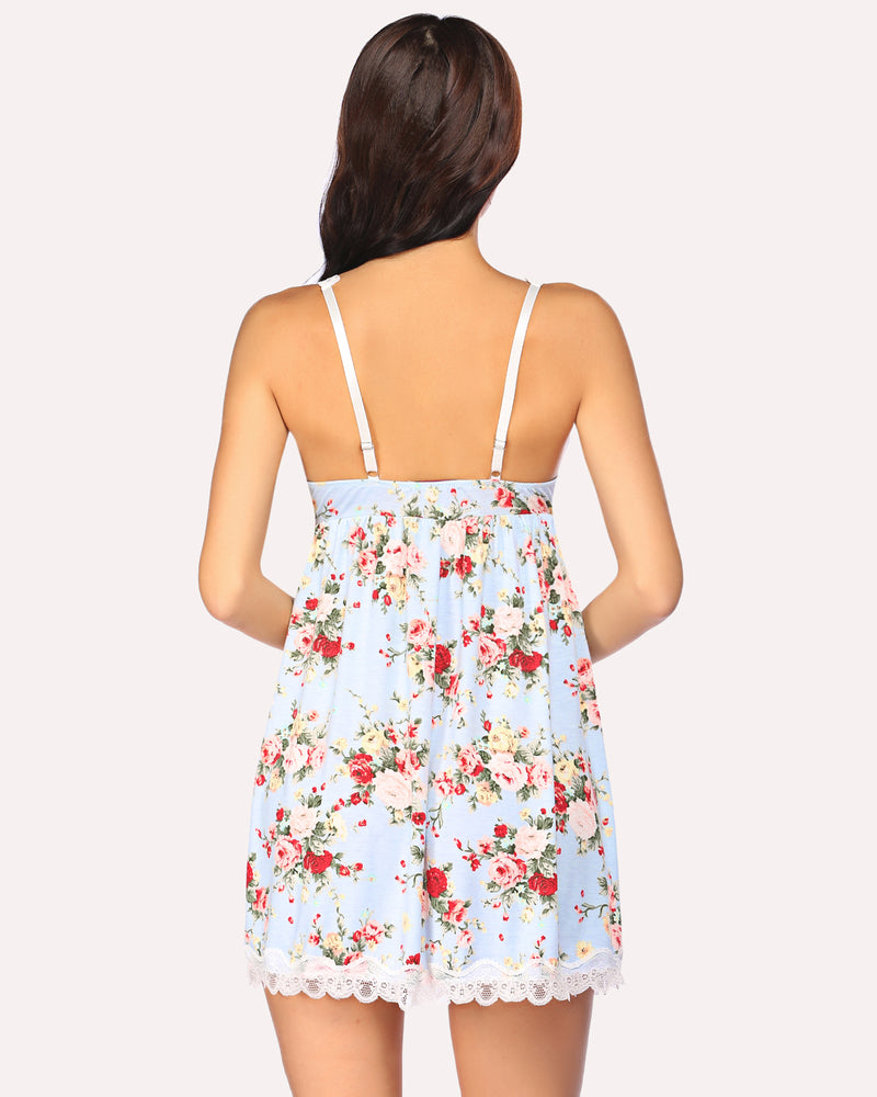White floral print slip nightgown with adjustable straps and lace-trim hem
