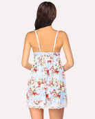 Lace full slip dress nightgown back view in light blue with floral print and lace hem