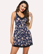 Navy floral lace full slip nightgown with spaghetti straps and scalloped lace hem