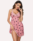 Heart print lace-trim mini slip dress with spaghetti straps, pink with dark hearts