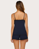 Navy cami pajama set back view with lace-trim neckline and shorts