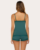 Teal lace-trim cami pajama set with back view and drawstring shorts