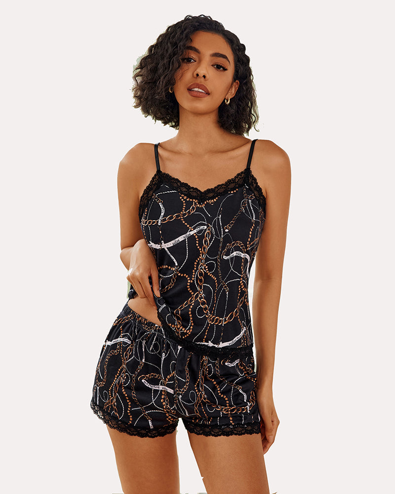 Black chain-print cami pajama set with lace-trim cami and matching shorts
