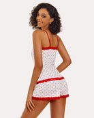 White-and-red heart print cami pajama set with lace trim matching shorts