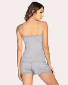 Grey lace-trim pajama cami and short set, scoop neckline and lace hem detail