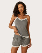 Gray jersey cami pajama set with white lace trim and drawstring shorts