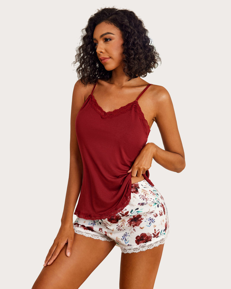 Floral trim cami pajama set, burgundy cami with lace trim and floral print shorts