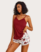 Floral trim cami pajama set, burgundy cami with lace trim and floral print shorts