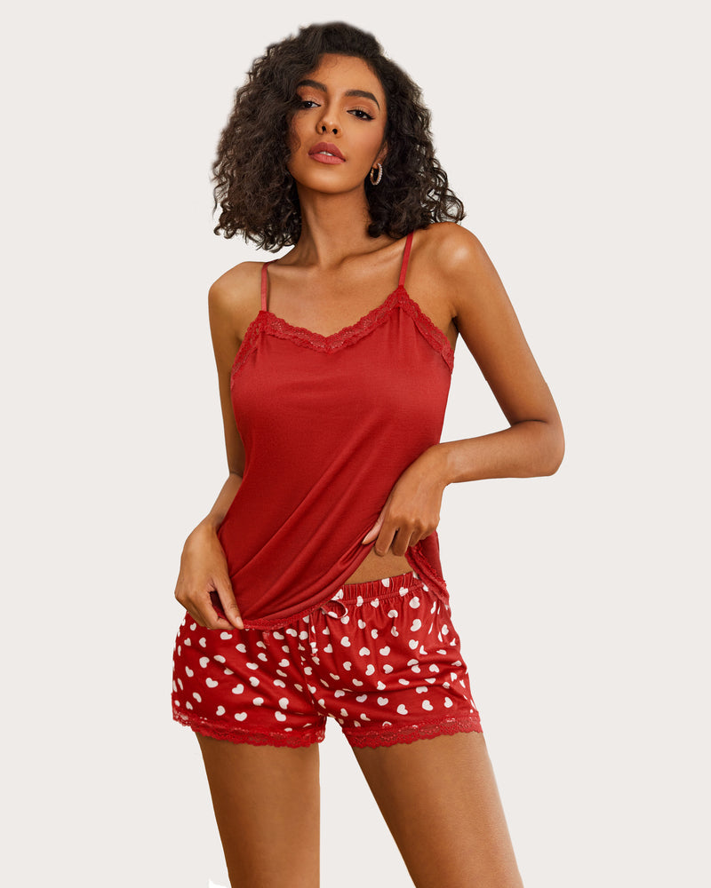 Red cami pajama set with white heart dot print shorts and lace trim