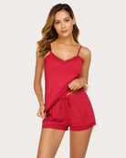 Red lace-trim cami pajama set with matching drawstring shorts