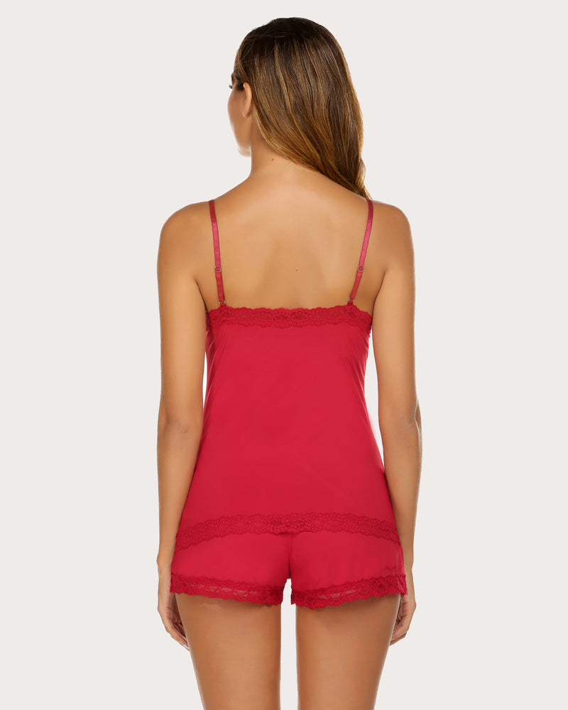 Red cami pajama set with lace-trimmed back and matching lace hem shorts