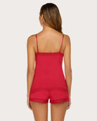 Red lace-trim pajama cami and short set, open back with lace-trim hem