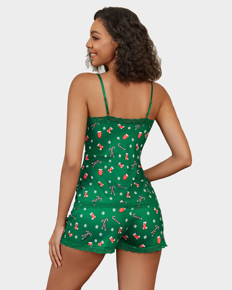 Green holiday cami and short PJ set with lace trim and festive pattern