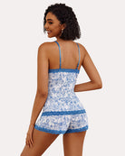 Blue floral print cami pajama set with lace trim and matching shorts