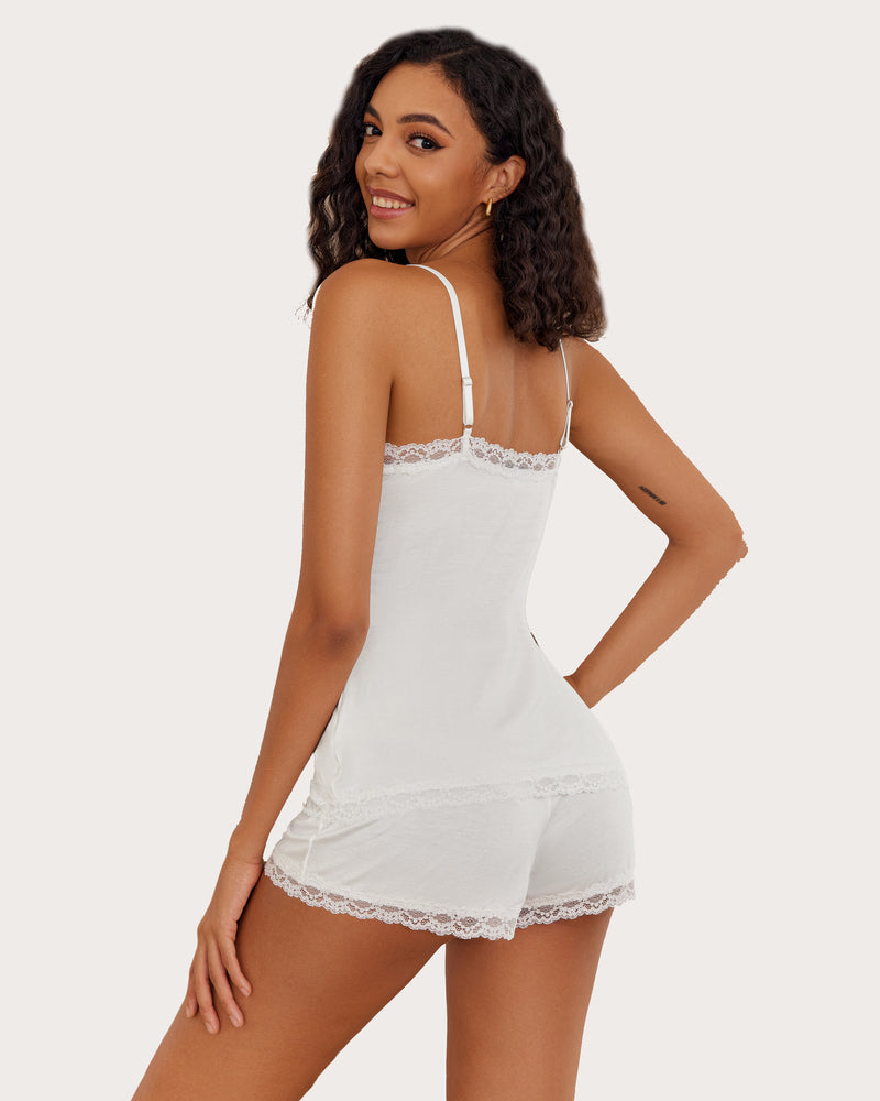 White lace-trim pajama cami and short set with thin straps and scalloped lace hem