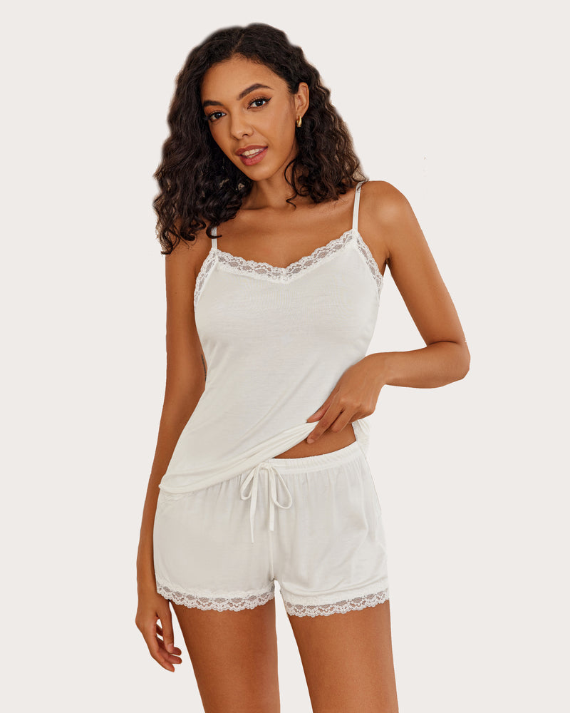 White cami pajama set with lace trim and drawstring shorts with lace hem
