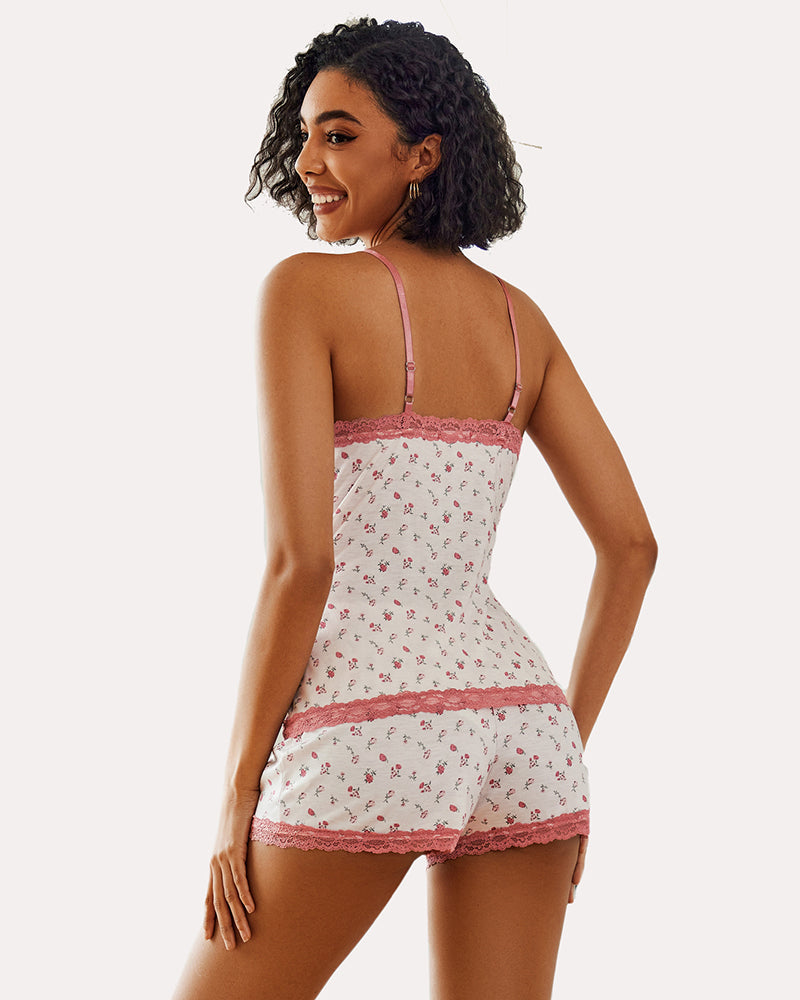 Pink-and-red heart print cami pajama set with lace trim matching shorts, back view