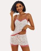 Pink-and-red heart print cami pajama set with lace trim and matching shorts