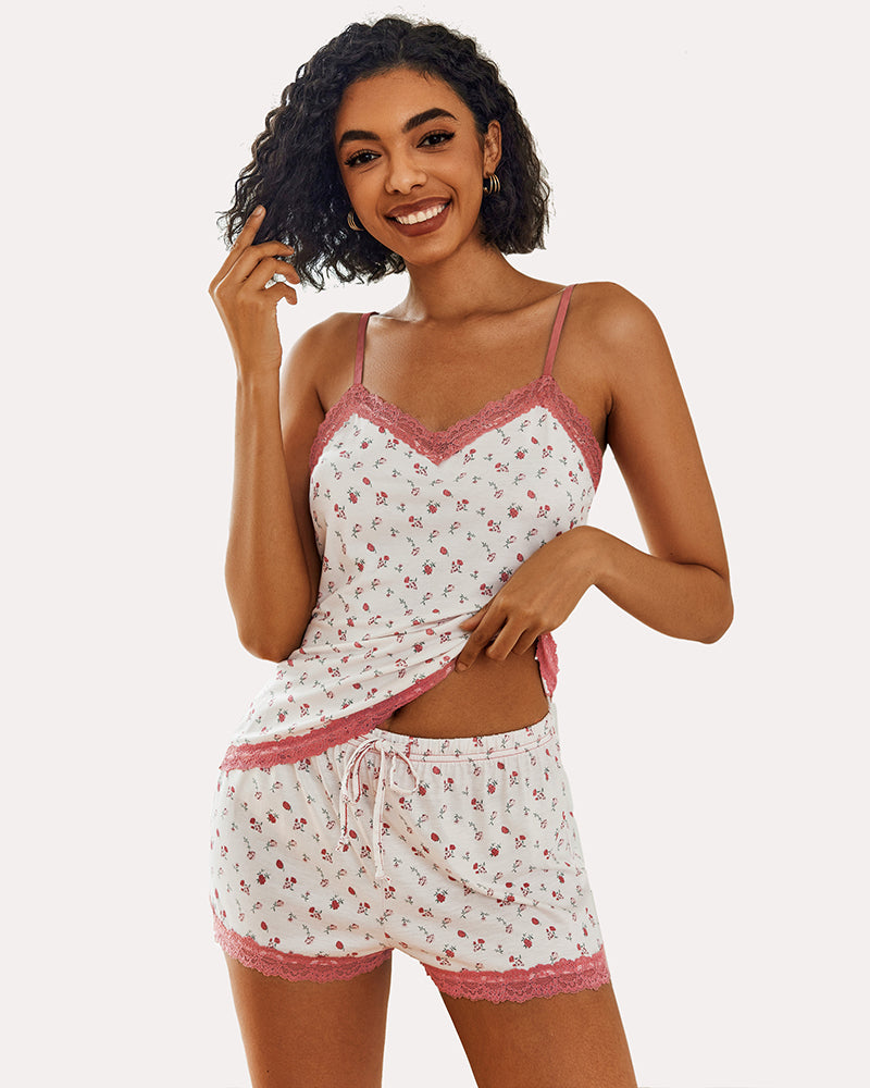 Pink-and-red heart print cami pajama set with lace trim and matching shorts
