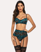 Teal and black lace bra, high-cut panty, and garter belt set with adjustable straps