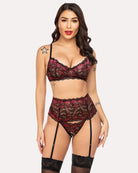Red lace bra and panty set with garter straps and matching lace thigh bands