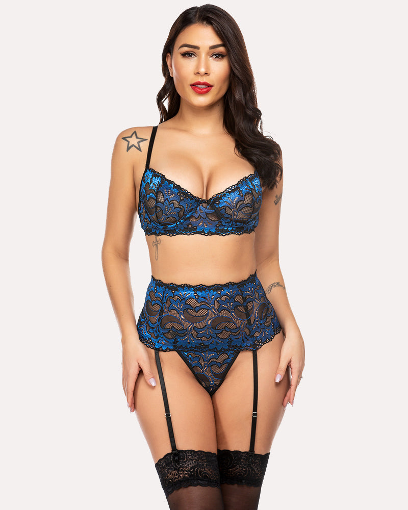 Blue lace bra and thong set with garter straps and matching lace thigh bands