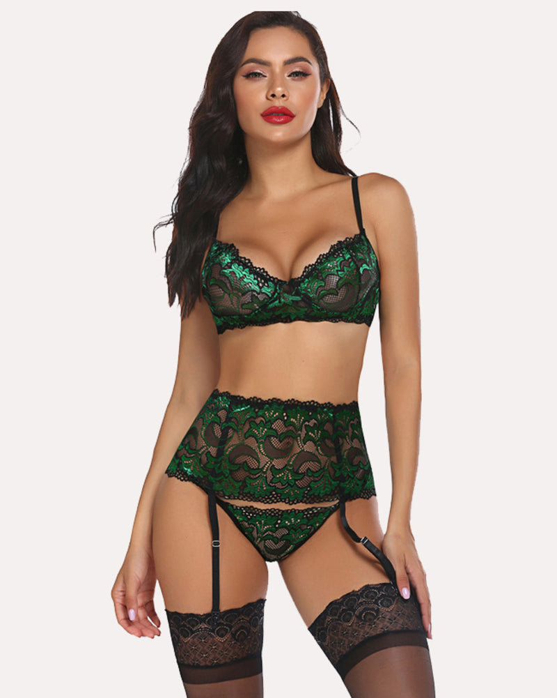 Green lace bra and thong set with garter straps and lace thigh-high bands