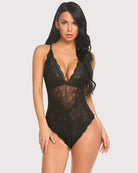 Lace bodysuit teddy with deep V neckline and snap crotch, black lace.