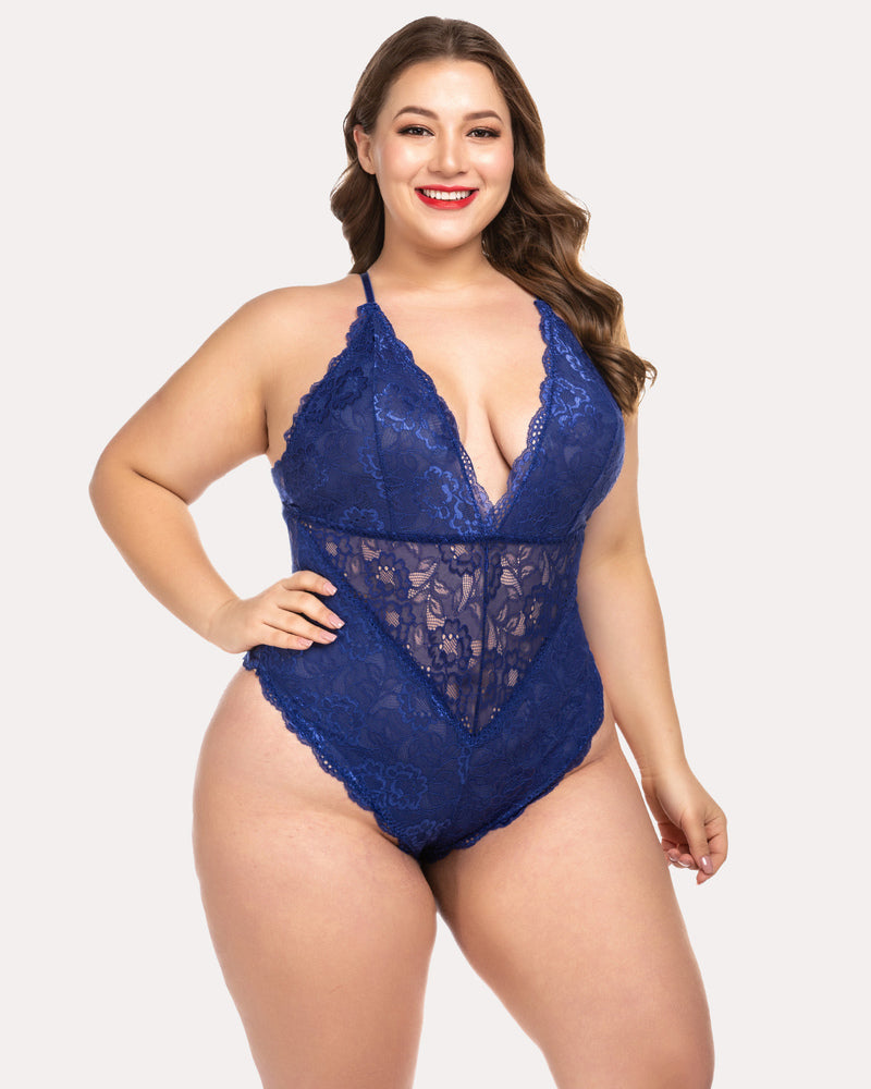 Lace bodysuit teddy with deep V front, blue lace fabric with sheer panel