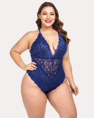 Lace bodysuit teddy with deep V front, blue lace fabric with sheer panel