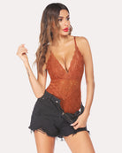 Rust lace deep V teddy bodysuit with snap crotch, scalloped trim and thin straps