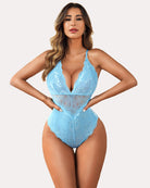 Light blue lace bodysuit teddy with deep V neckline and snap crotch front.