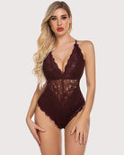 Lace bodysuit teddy with deep V neckline and snap crotch, dark red lace.