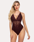 Burgundy lace bodysuit teddy with deep V neckline and snap crotch front.