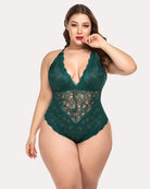 Green lace deep V bodysuit teddy with snap crotch and sheer panel, front view