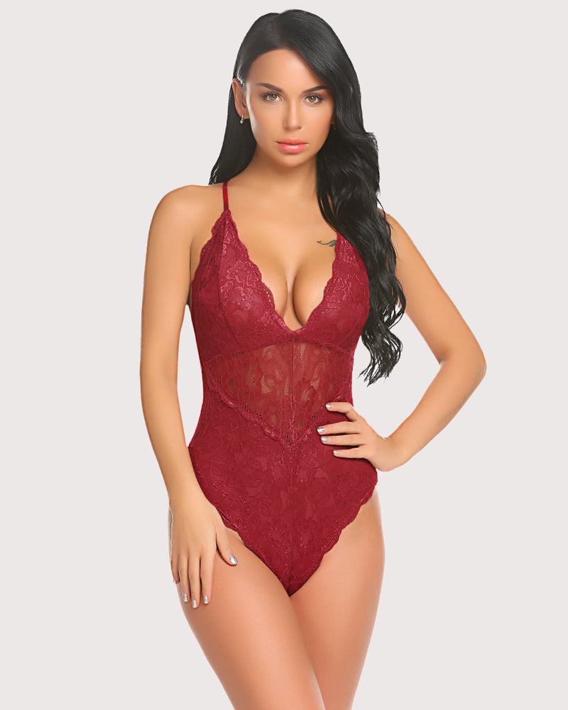 Lace bodysuit teddy with deep V front, red lace cups and adjustable straps