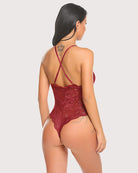 Lace bodysuit teddy with crisscross back straps and deep V front, red lace