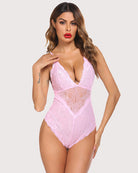 Pink lace deep-V bodysuit with thong-style back and front lace panel