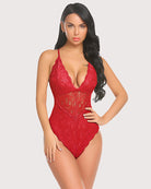 Lace bodysuit teddy with deep V front, red lace and slim adjustable straps