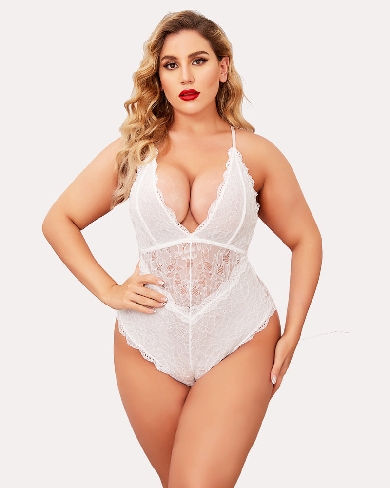 White lace bodysuit teddy with deep V neckline and snap crotch front closeup.