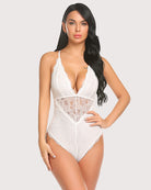Lace bodysuit teddy with deep V front, white lace cups and sheer lace sections