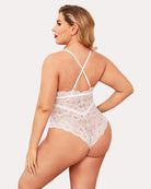 White lace bodysuit teddy with crisscross back straps and snap crotch brief cut.